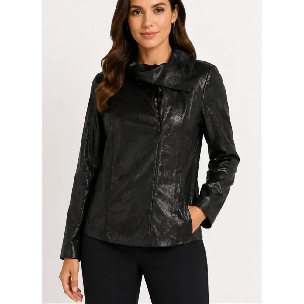 INC international concepts faux leather sheen asymmetrical jacket M - Picture 1 of 8